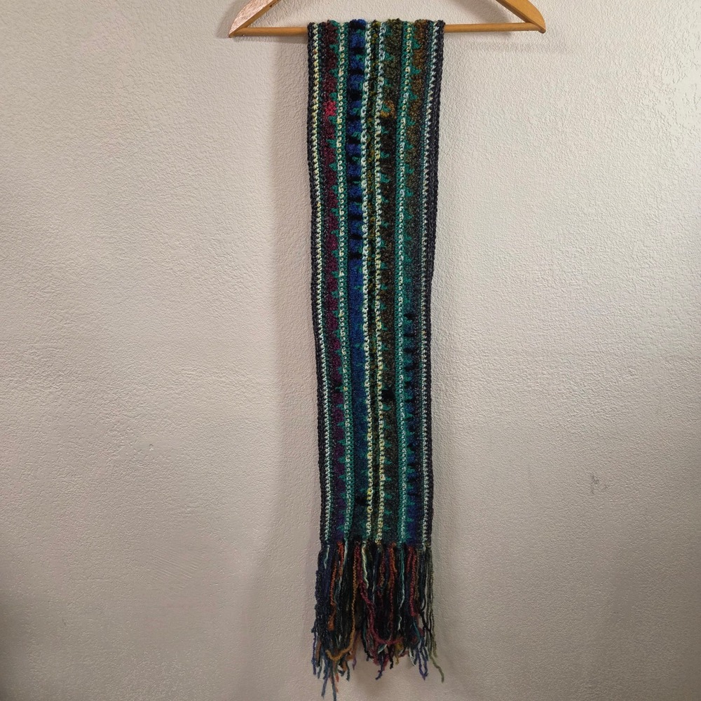 Handmade Crochet Scarf Multicolor Boho Fringe Knit Striped 80x8in Artisan Warm